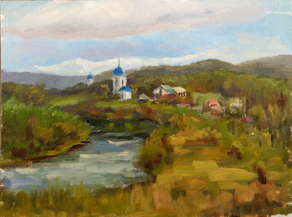 пейзаж этюд река церковь