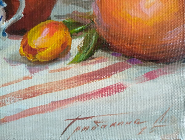 картина маслом натюрморт с грейпфрутами чашкой гжель и тюльпанами